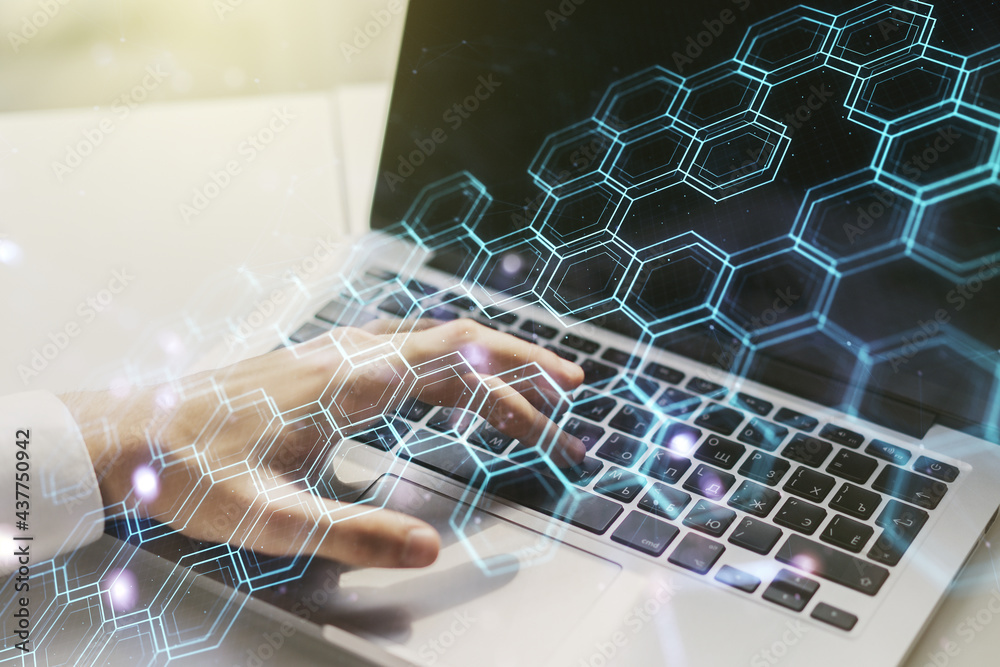 Poster creative abstract technology sketch with hexagon grid and hands typing on computer keyboard on backg