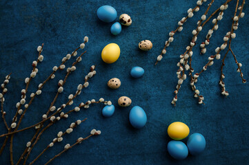 Willow branch and easter eggs on blue background