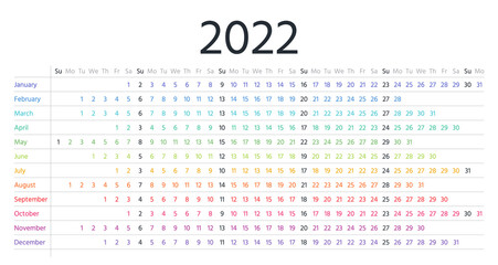 Calendar for 2022 year. Linear planner template. Vector illustration.
