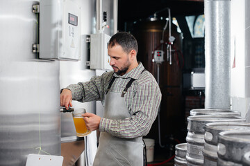 A young bearded brewer conducts quality control of freshly brewed beer in the brewery.