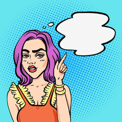 Unhappy bored young teenager girl pointing with finger on speech bubble. Stressed and angry young teen vector illustration in pop art comic style.