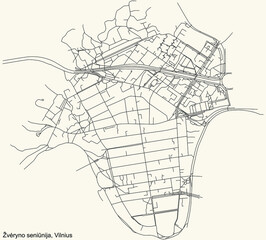 Black simple detailed street roads map on vintage beige background of the quarter Žvėrynas eldership (Žvėryno seniūnija) of Vilnius, Lithuania