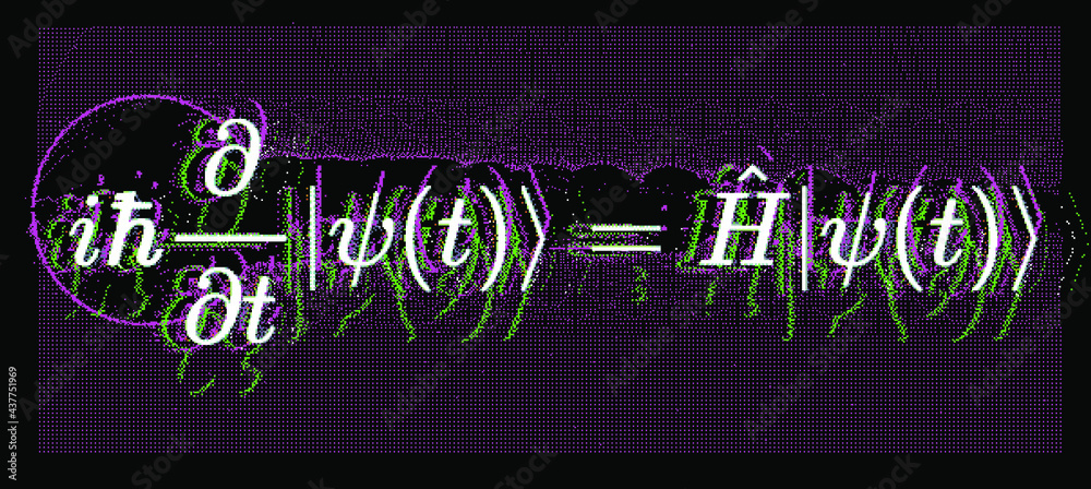 Poster Erwin Schroedinger's linear partial differential equation that describes the wave function of a quantum-mechanical system. Abstract vector illustration with formula and particle field.