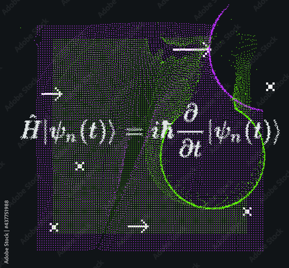 Poster Erwin Schroedinger's linear partial differential equation that describes the wave function of a quantum-mechanical system. Abstract vector illustration with formula and particle field.