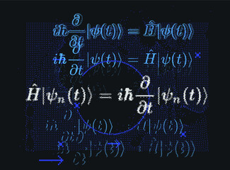 Erwin Schroedinger's linear partial differential equation that describes the wave function of a quantum-mechanical system. Abstract vector illustration with formula and particle field.
