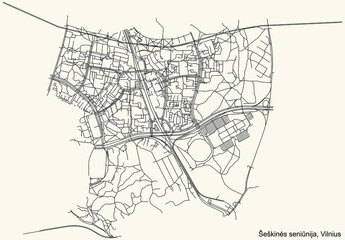 Fototapeta premium Black simple detailed street roads map on vintage beige background of the quarter Šeškinė eldership (Šeškinės seniūnija) of Vilnius, Lithuania