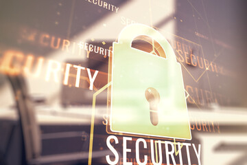 Creative lock sketch with chip hologram and modern desk with computer on background, protection of personal data concept. Multiexposure