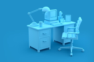 Office Room with Desk, Computer and Chair in Blue Background, 3d Rendering