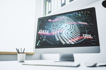Computer monitor with abstract fingerprint scan interface, digital access concept. 3D Rendering