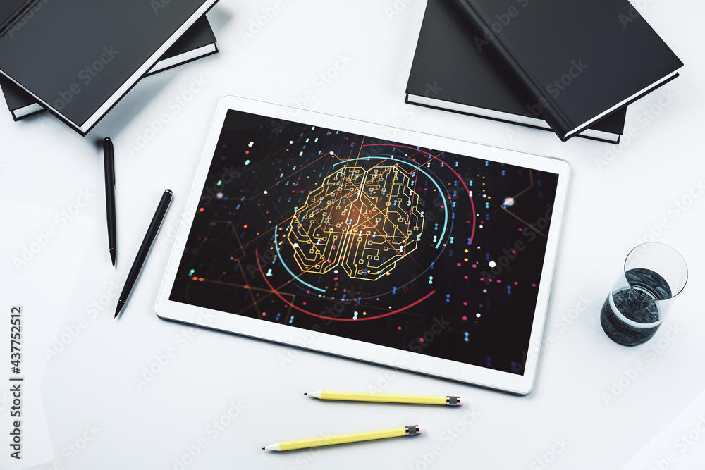 Poster top view of modern digital tablet monitor with creative artificial intelligence symbol. neural netwo