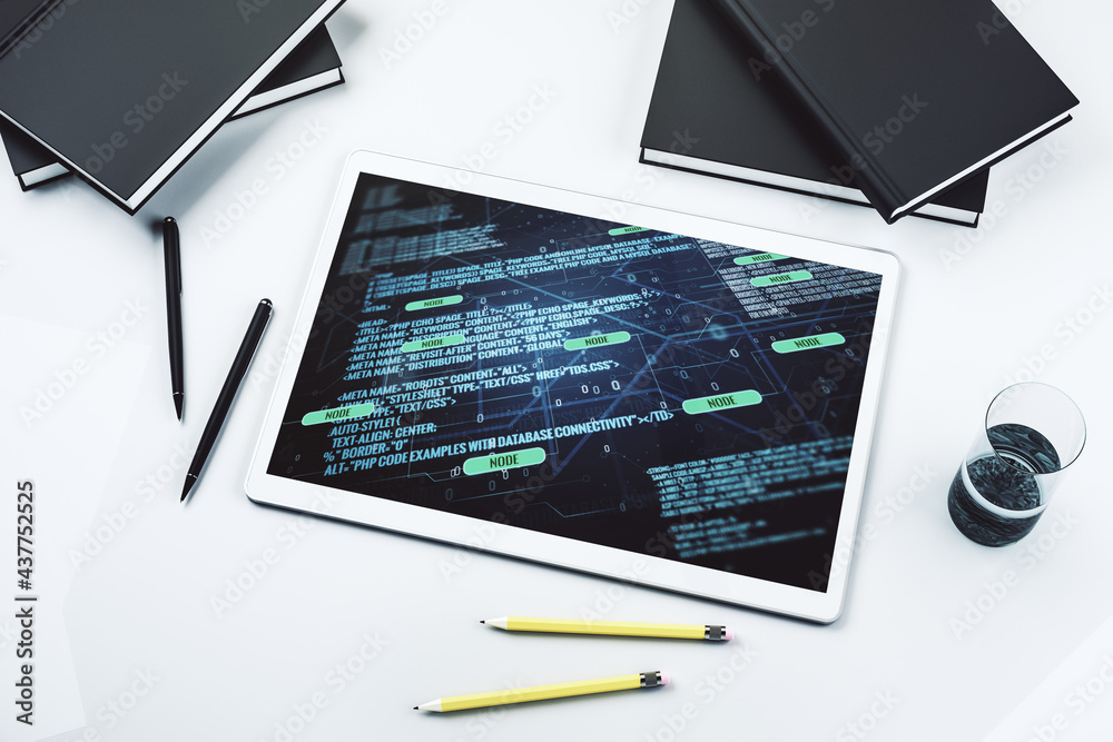 Poster top view of modern digital tablet screen with abstract creative programming illustration, big data a