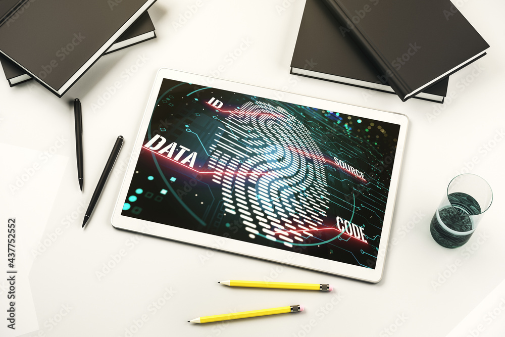 Poster Top view of modern digital tablet display with creative fingerprint hologram, personal biometric data concept. 3D Rendering