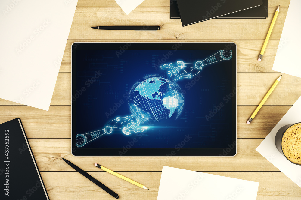 Poster creative abstract robotics technology sketch with globe on modern digital tablet screen, future tech