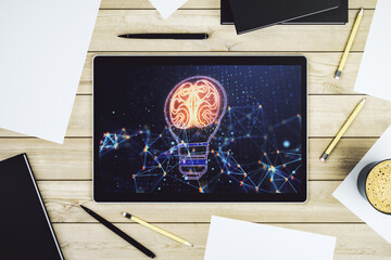 Creative light bulb illustration with human brain on modern digital tablet screen, future technology concept. Top view. 3D Rendering