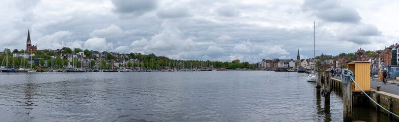 Fototapeta premium panorama view of the harbor and city of Flensburg in northern Germany