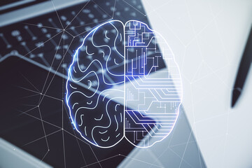 Creative artificial Intelligence concept with human brain hologram on modern laptop background. Multiexposure