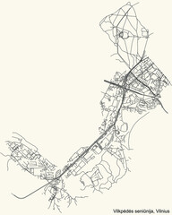 Black simple detailed street roads map on vintage beige background of the quarter Vilkpėdė eldership (Vilkpėdės seniūnija) of Vilnius, Lithuania