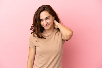Obraz premium Young caucasian woman isolated on pink background laughing