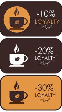 Set of coffee loyalty cards, coupons, voucher for coffee shop or cafe with cup and coffee beans.