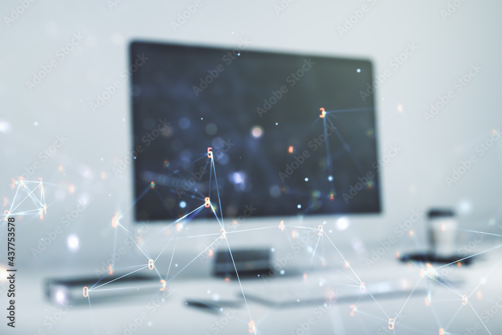 Poster double exposure of technology hologram on laptop background. research and development software conce