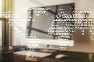 Double exposure of abstract digital world map on laptop background, research and strategy concept