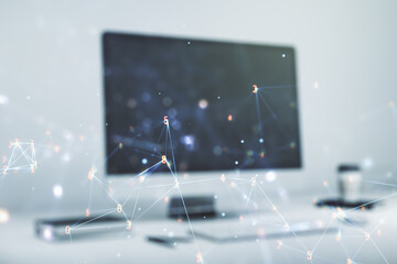 Double exposure of technology hologram on laptop background. Research and development software...