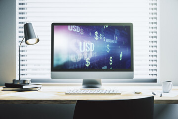 Modern computer monitor with creative USD symbols hologram. Banking and investing concept. 3D Rendering