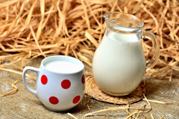 Obraz na płótnie Canvas Cow milk in a red mug and glass jug on vintage decorative background with dry straw and hay. Close-up.