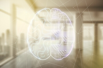 Virtual creative artificial Intelligence hologram with human brain sketch on empty corporate office background. Multiexposure