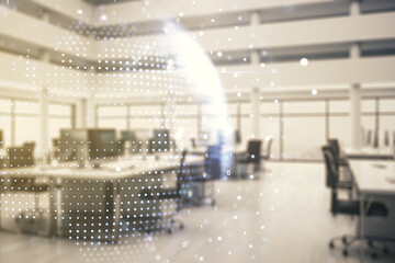 Double exposure of abstract digital world map hologram on a modern furnished office interior background, big data and blockchain concept