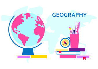 Geography vector illustration for school subject design. Globe, maps, compass and others school subjects. School and study subjects. Geography science vector illustration. Education and science banner