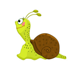 Cartoon snail isolated on white background. Cochlea with big eyes and brown shell. Friendly cute insect. Happy green snail character. Lovely beetle icon.Funny cochlea mascot.Stock vector illustration