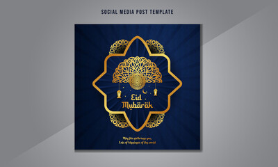 Blue islamic eid mubarak wish or greetings social media post design with mandala