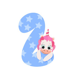 Unicorn birthday number two. Animal character. Vector illustration.