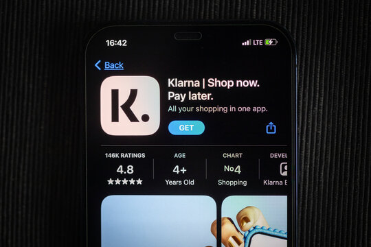 Klarna app in the apple App Store seen on an iPhone 12 screen