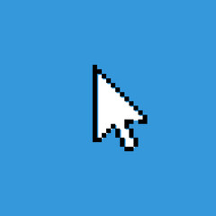 Cursor icon. Pixel cursor. Computer pointer, black arrow. Vector illustration flat design. Isolated on blue background.