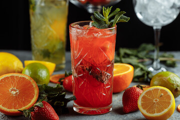 Colorful refreshing drinks for summer, cold strawberry lemonade juice with ice cubes in the glasses garnished with sliced fresh lemons