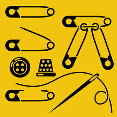 Safety pin. Set of pin, open and closed and fastened. Spool of thread with a needle and a thimble. Black silhouette icon. Glyph tool tailor. Vector illustration flat design. Sewing craft.