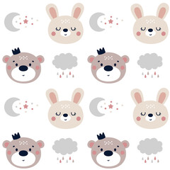Fototapeta premium Cute kids vector seamless pattern with funny baby animals, bear and bunny, moon, stars, clouds, rain. Cartoon illustration for baby shower, nursery room decor, children design