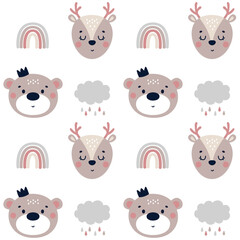 Cute kids vector seamless pattern with funny baby animals, bear and elk, deer, rainbow, clouds, rain. Cartoon illustration for baby shower, nursery room decor, children design