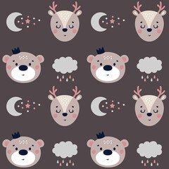 Cute kids vector seamless pattern with funny baby animals, bear and elk, deer, moon, stars, clouds, rain. Cartoon illustration for baby shower, nursery room decor, children design