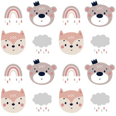 Cute kids vector seamless pattern with funny baby animals, bear and fox, rainbow, cloud, rain. Cartoon illustration for baby shower, nursery room decor, children design