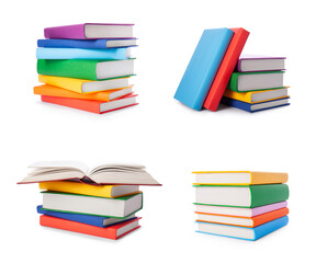 Set of colorful books isolated on white background. Collection of different books. Hardback books...