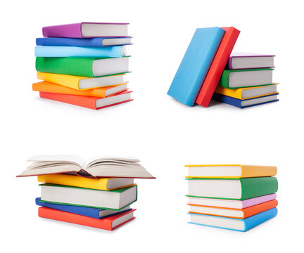 Set of colorful books isolated on white background. Collection of different books. Hardback books for reading. Back to school and education learning concept