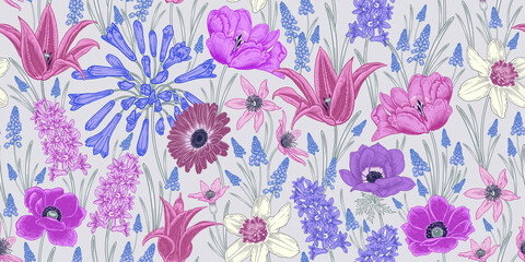 Frühlingshintergrund. Nahtloses Blumenmuster. Vektor. Jahrgang. © marinavorona