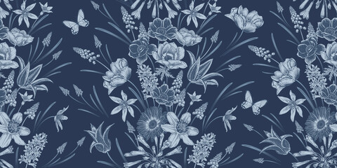 Nahtloses Muster der Frühlings-Weinlese. Blumen und Schmetterlinge. Marineblaue Farbe. Vektor. © marinavorona