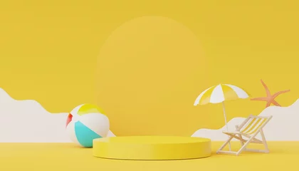 Fototapeten 3d render of Abstract minimal  display podium for showing products or cosmetic presentation with summer beach scene. Summer time. © TANATPON