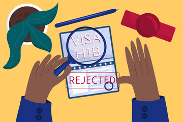 Concept rejected working American visa, top view. Employee's hands approved American visa. Table at the embassy. Vector illustration in a flat style.