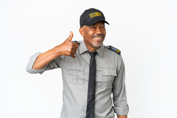 Senior staff man isolated on white background making phone gesture. Call me back sign