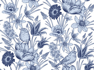 Spring Vintage Seamless pattern. Flowers and birds. Blue and white.  Vector.